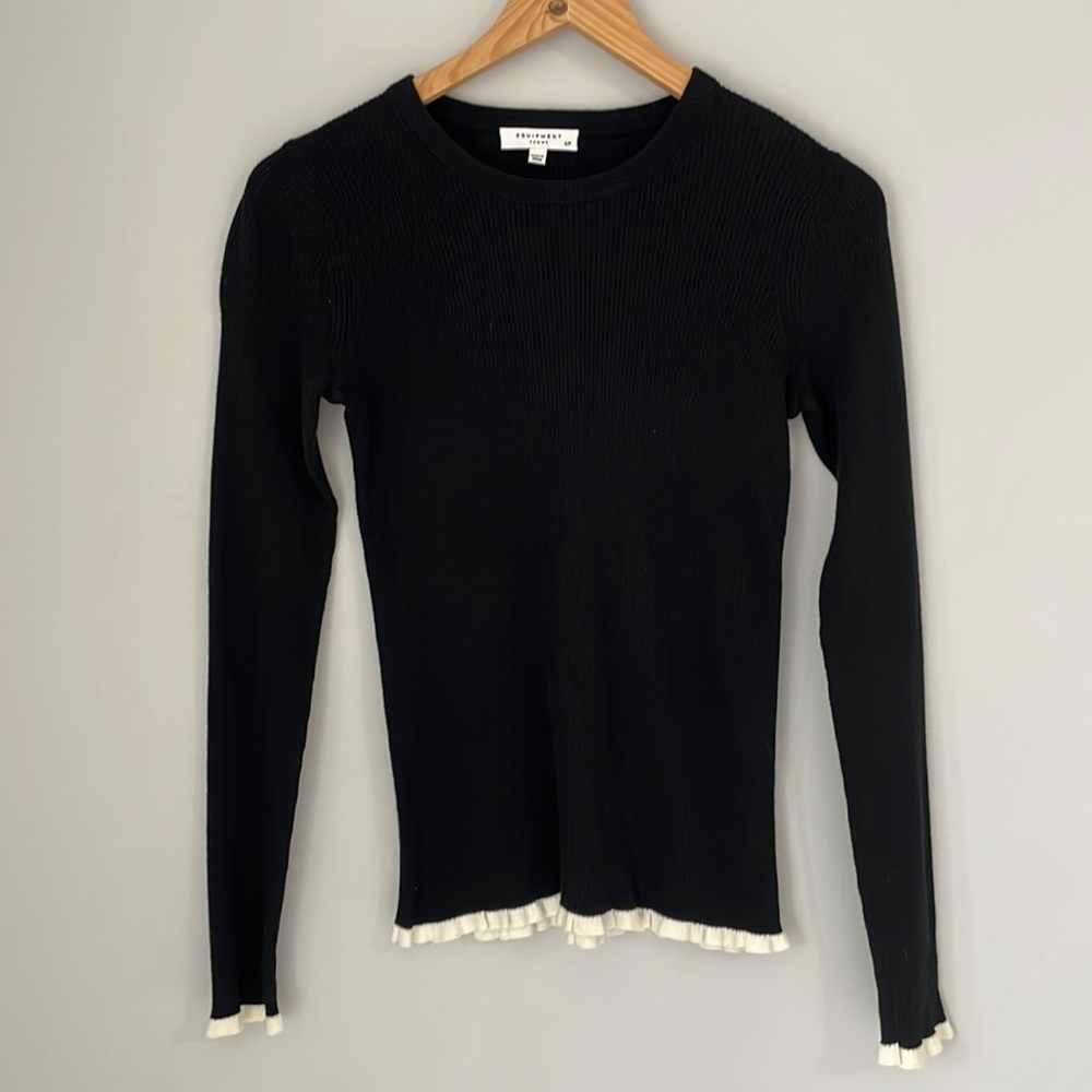 Equipment Black Ribbed Sweater with White Ruffle Trim
